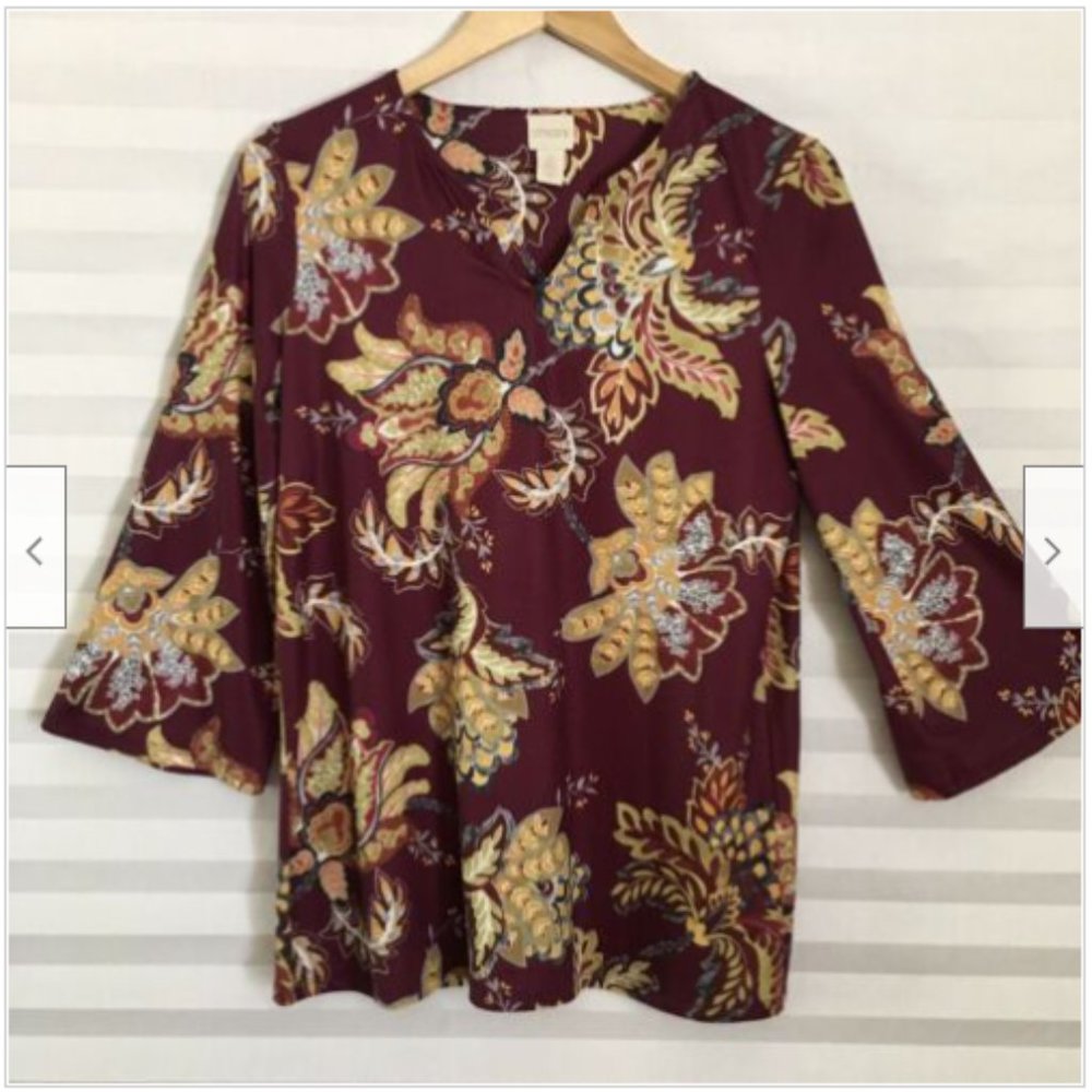 Chico's Womens Tunic Top Blouse V Neck Floral Paisley Bell 3/4 Sleeves
